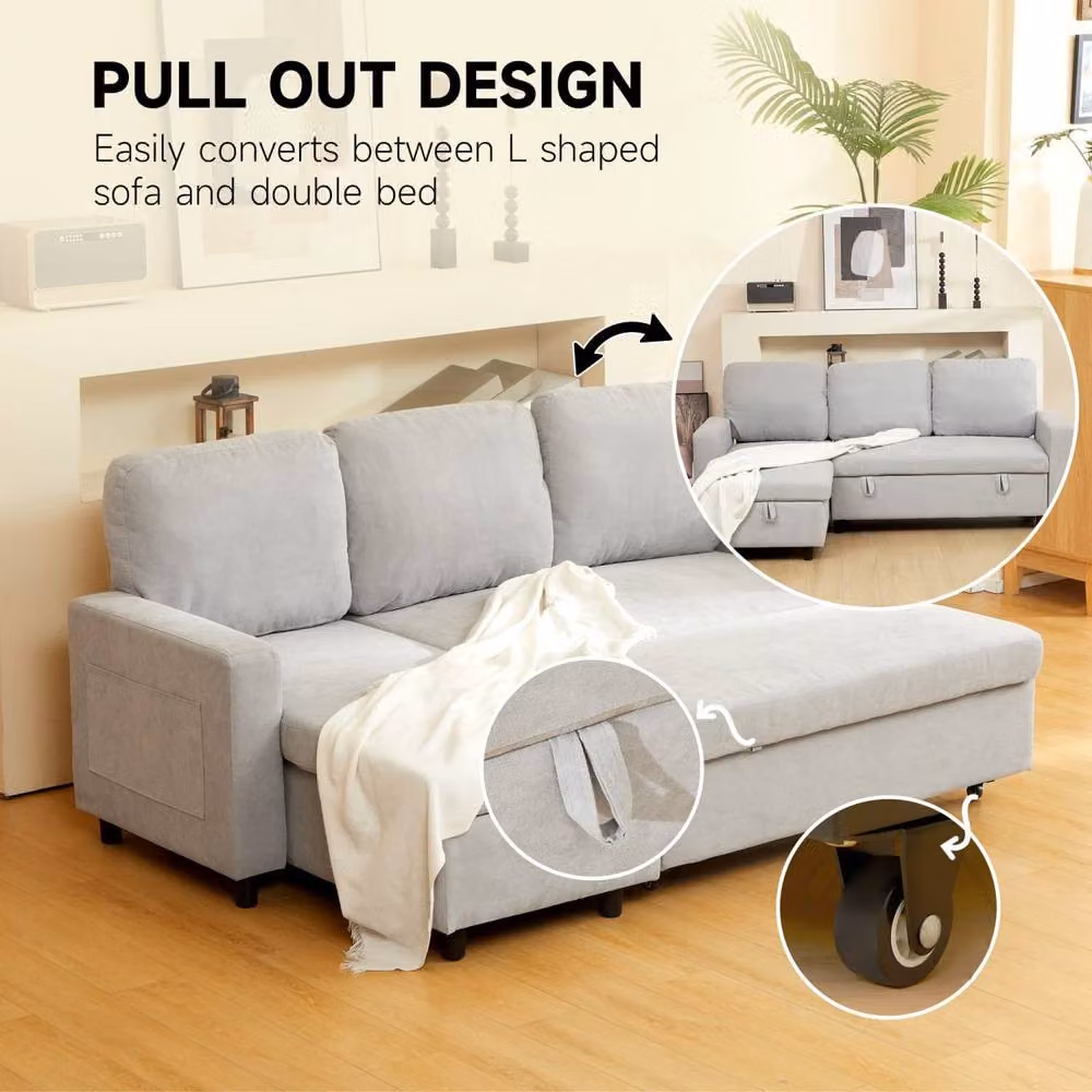 Wyld Haus Tafaha Light Grey Fabric Pull Out Sofa Bed with Reversible Chaise and Hidden Storage W/D/H: 200 x 85 x 126.5 cm – 3