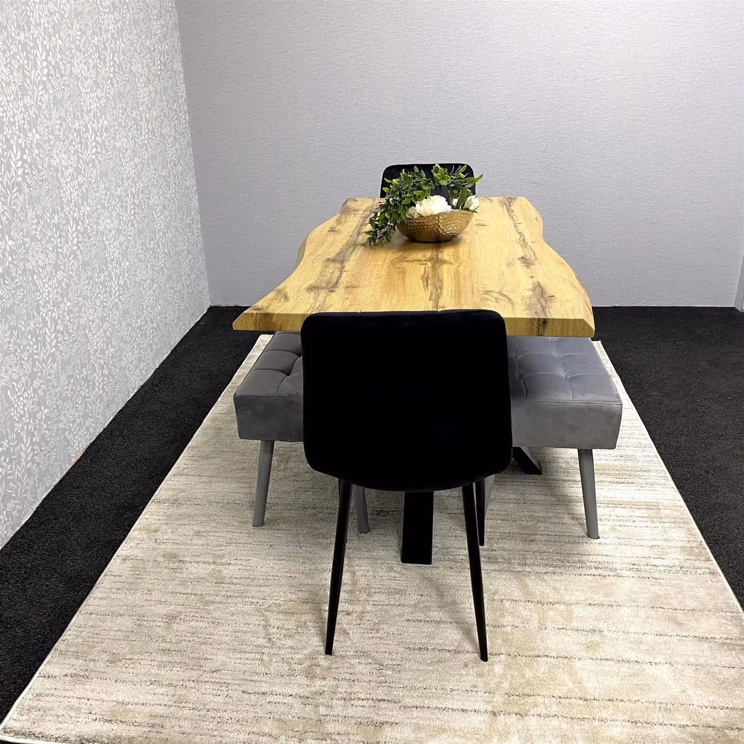 KOSY KOALA Modern Brown Wooden Rectangular Dining Set with 2 Black Velvet Chairs and 1 Grey Padded Bench – 7