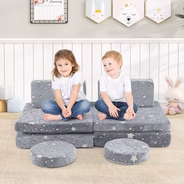 Costway Glow in the Dark Modular Kids Play Couch Set, Grey Fold Out Childrens Sofa
