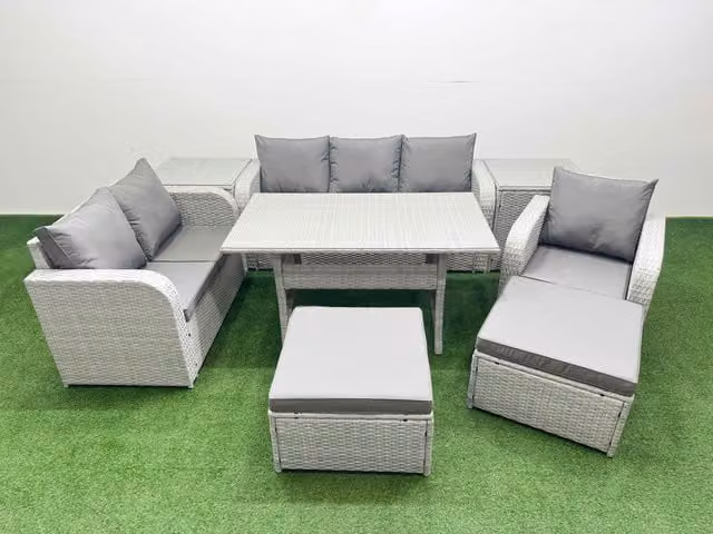 Fimous Patio 8 Seater Grey PE Wicker Rattan Outdoor Furniture Set with Rectangular Dining Table, Reclining Chairs, Loveseat and 3 Seater Sofa