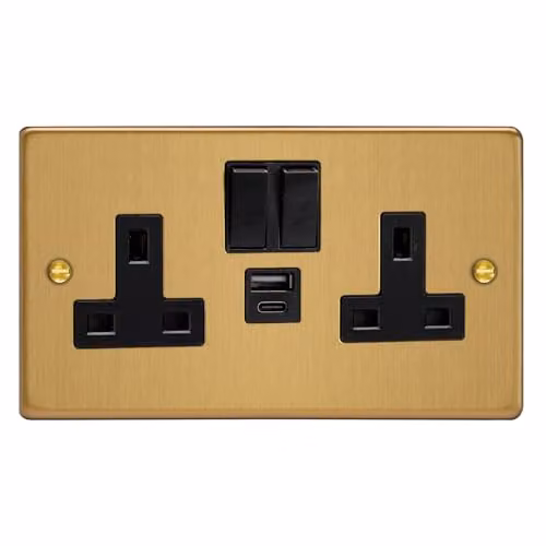 Varilight Double Socket with 20W Shared USB A and C Charging Ports in Gold Brass – 1