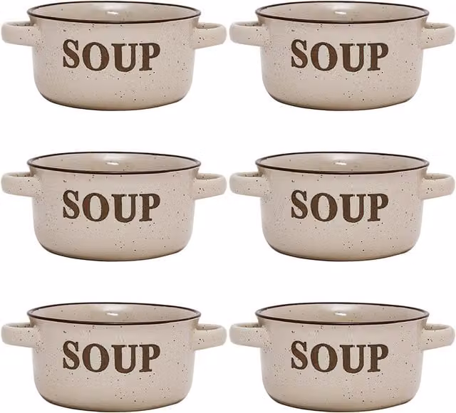 Dibor Set of 6 Classic Peppered Cream Ceramic Soup Bowls with Handles, Beige, H 7 cm x Dia 13.4 cm