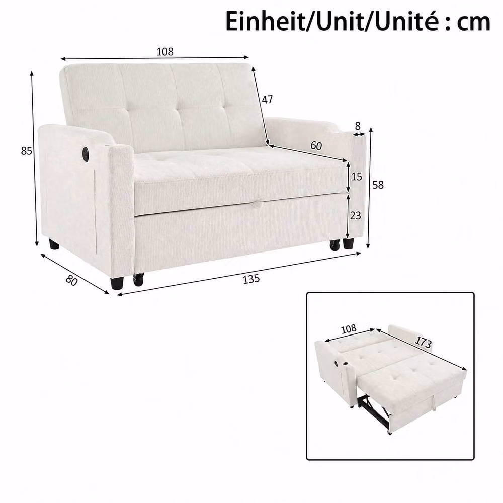 Merax 2-Seater Pull-Out Fabric Sofa Bed in Beige with Cup Holders and USB Charging, W/D/H: 173 x 135 x 58 cm – 2