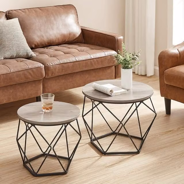 VASAGLE Set of 2 Round Nesting Coffee and Side Tables in Greige and Black