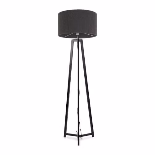 ValueLights Black Wood Tripod Floor Lamp with Charcoal Grey Boucle Drum Lampshade and Included LED Bulb – 1
