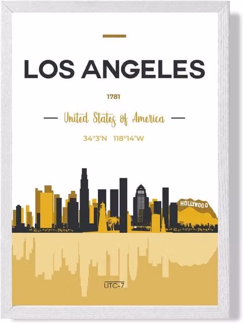 ARTZE Los Angeles Yellow and Black City Skyline Framed Paper Poster with White Frame, A3
