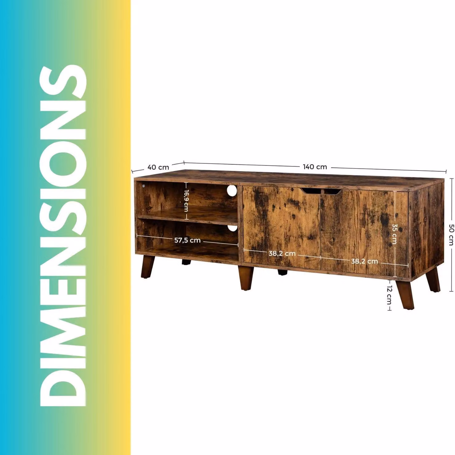 Pirlo Plush Rustic Brown TV Stand Cabinet with Shelves and Media Compartments, Width: 140 cm – 3