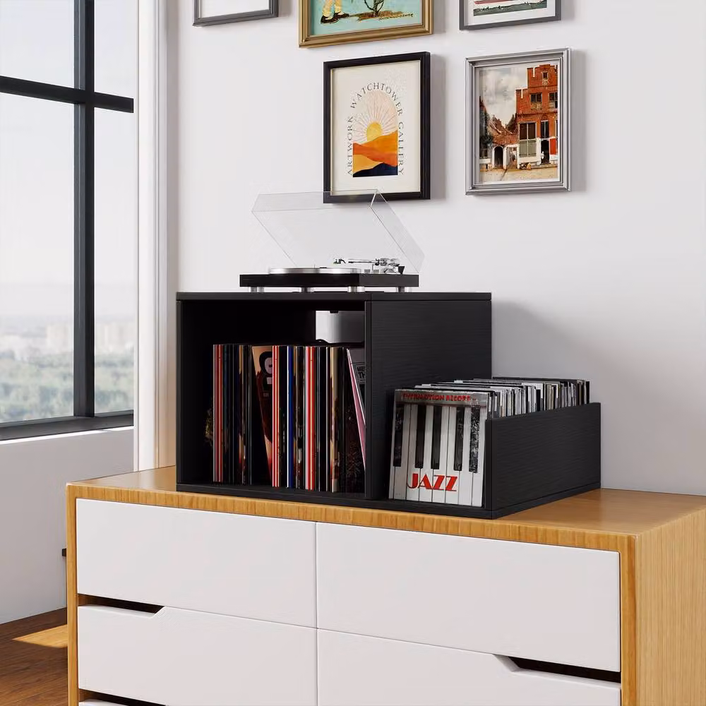 Gymax Modern Metal Turntable Stand with Power Outlet and Display Shelf in Black – 3