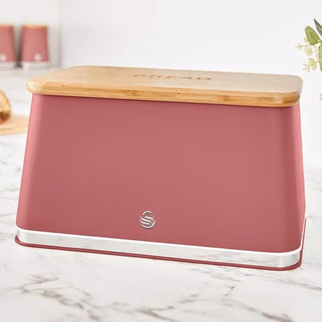 Swan Bread Bin with Wooden Cutting Board Lid in Pink and Red