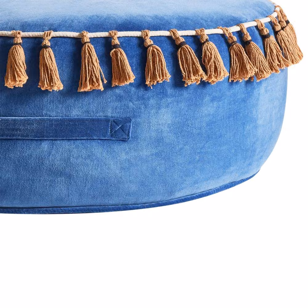 Wyld and Coco Blue Velvet Round Tasselled Pouffe Ottoman – 5