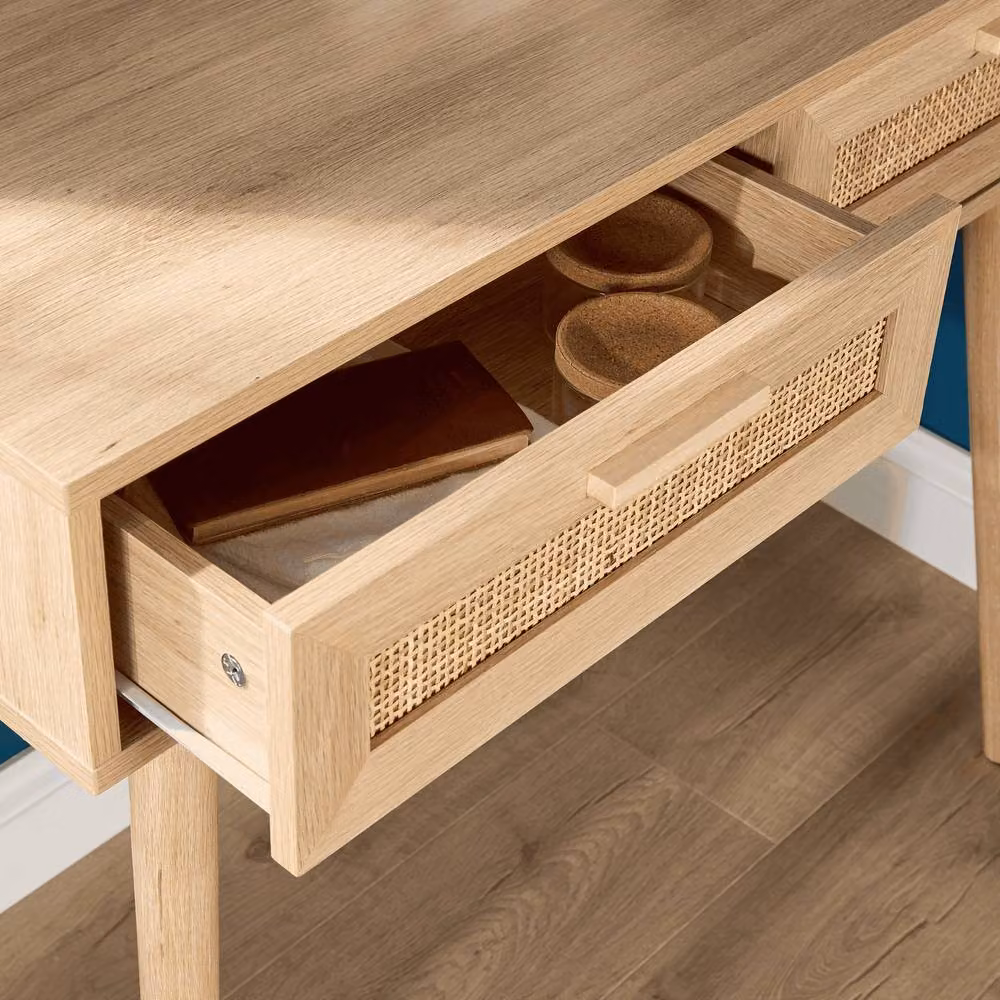 Home Source Dressing Table with Circular Mirror and 2 Rattan Front Drawers in Natural Sand – 2