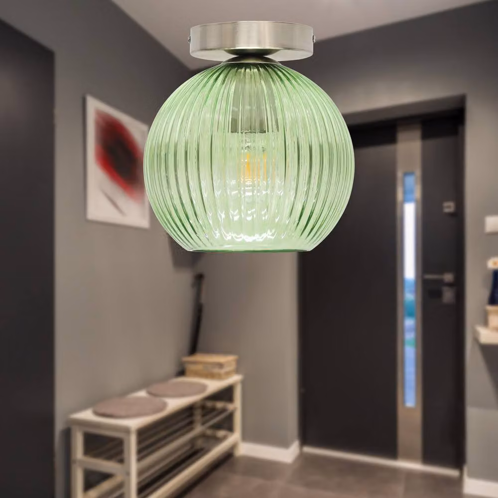 First Choice Lighting Betchley Green Ribbed Glass Globe Ceiling Light Fitting with Satin Nickel Finish – 2