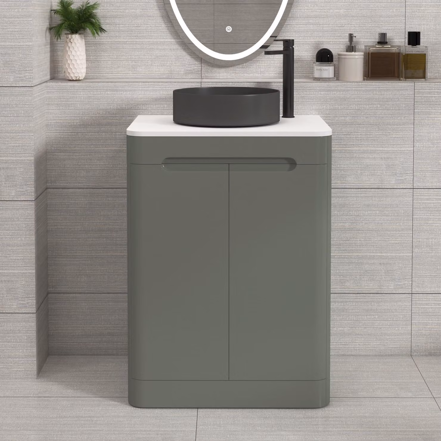 Royal Bathrooms Venice 600mm Sage Green Floor Standing 2 Door Vanity Unit with Plain White Worktop and Art Deco Round Basin