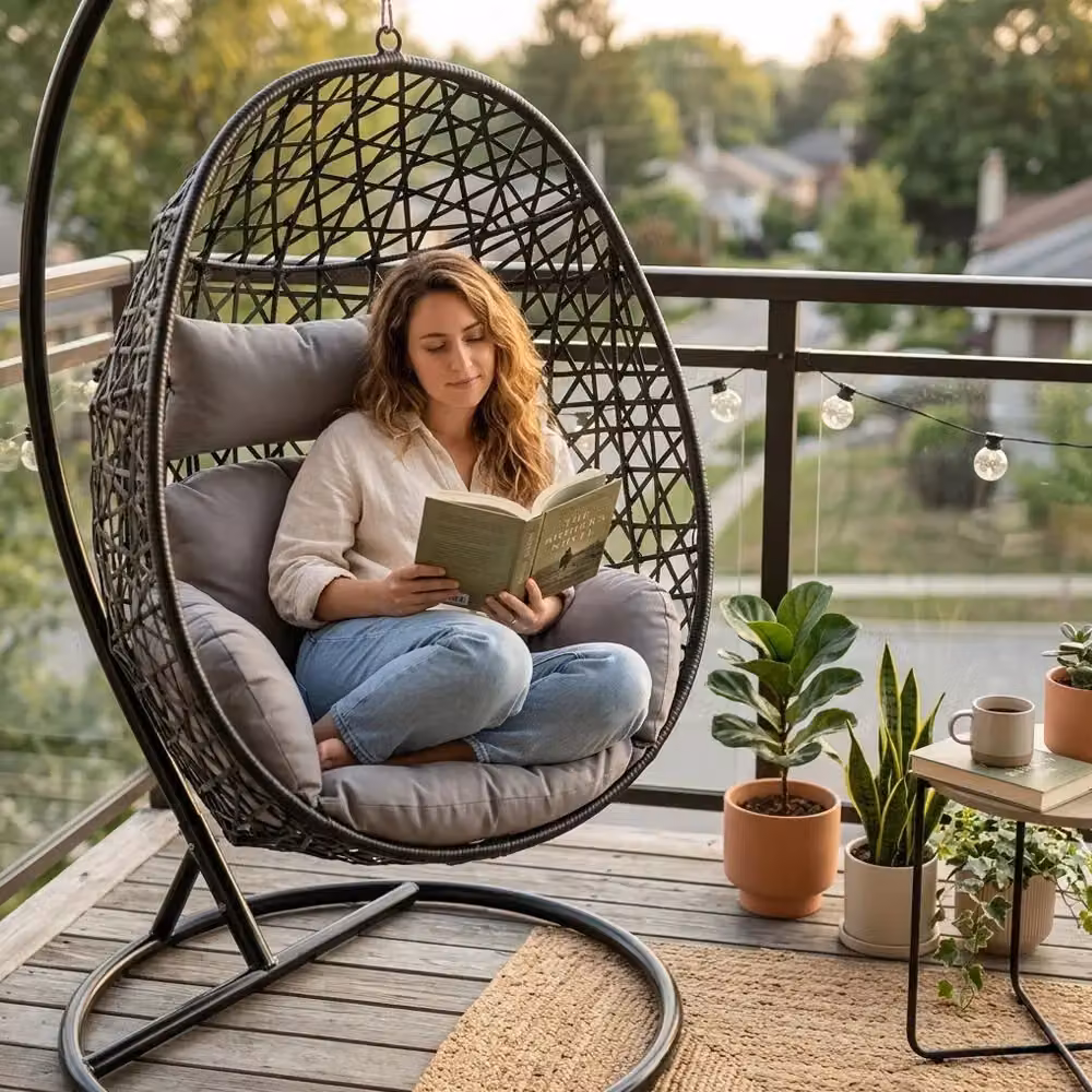 Alivio Grey Rattan Weave Hanging Egg Chair with Cushions and Metal Stand for Indoor and Outdoor Use – 2