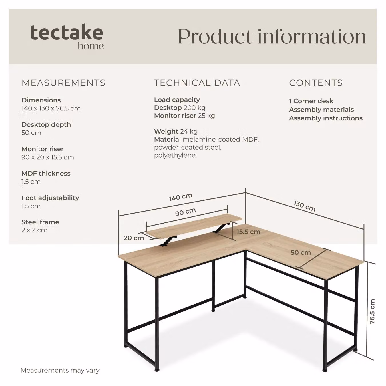 tectake Melrose Corner Desk with Movable Monitor Stand in Oak and Black, W/D/H: 140 x 130 x 76.5 cm – 6