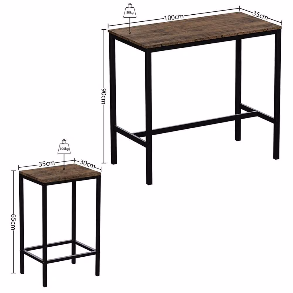 NESTLUNE Modern Brown Wood Bar Table and 2 Stool Set for Kitchen and Dining Rooms W/D/H: 100 x 15 x 15 cm – 2