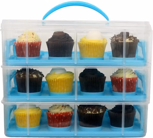 Oypla 3 Tier 36 Cupcake Plastic Carrier Holder with Compartments and Snap Lid, Blue