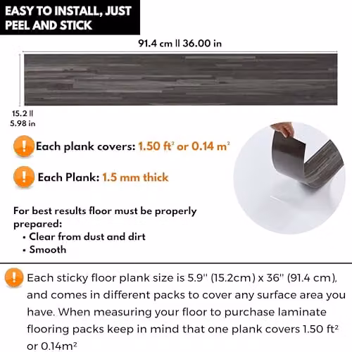 Novecrafto Self Adhesive Wood Effect Vinyl Floor Planks, Dark Grey, 7 Pcs, W: 91.4 cm, D: 15.2 cm – 4