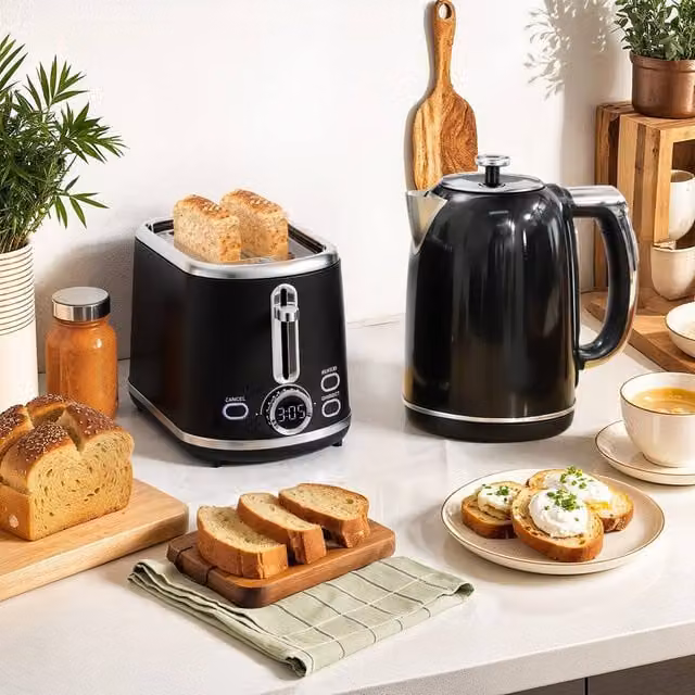 HOMCOM Black Digital Kettle 1.7l and 2 Slice Toaster Set
