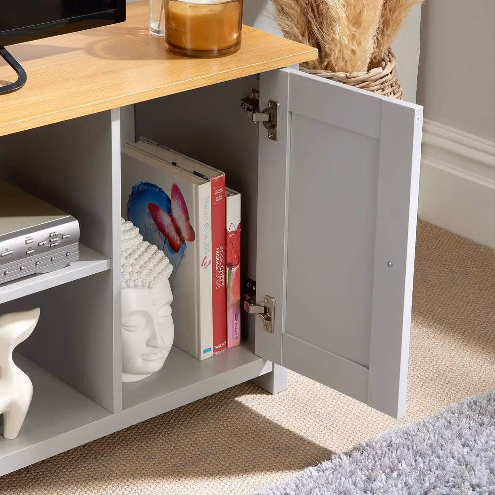 Home Source Modern Matt Grey TV Media Stand with 2 Storage Cupboards and Shelf – 2
