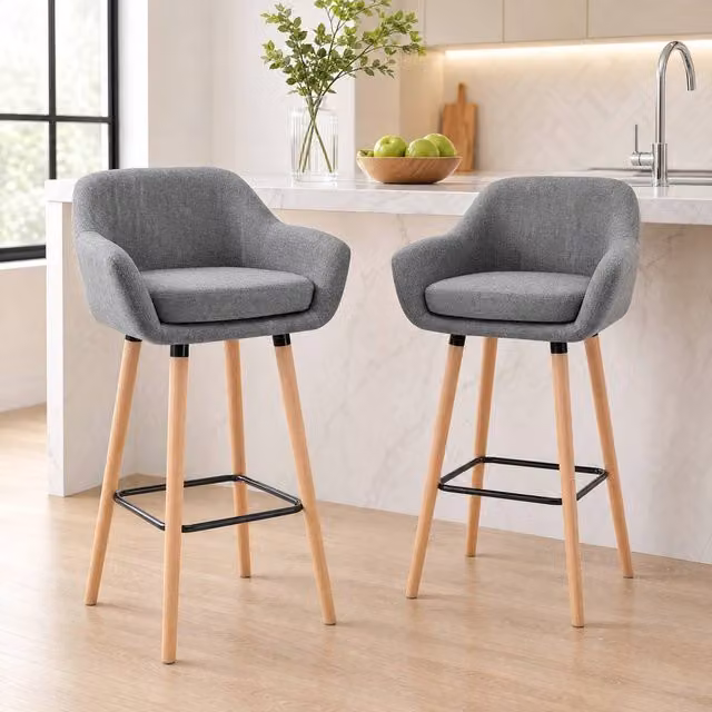 STILVORA Set of 2 Modern Grey Linen Bar Stools with Wooden Structure – 1