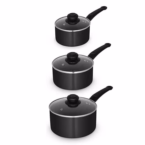 Swan Townhouse 3 Piece Saucepan Set with Glass Lids and Bakelite Handles, Black – 1