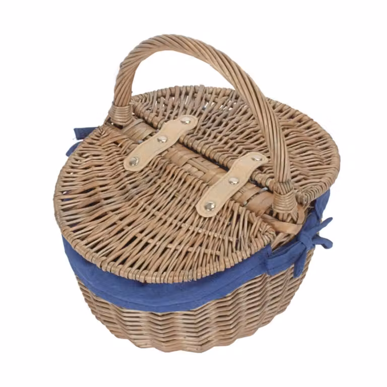 Red Hamper Small Oval Wicker Picnic Basket with Blue Cotton Lining and Antique Wash Finish