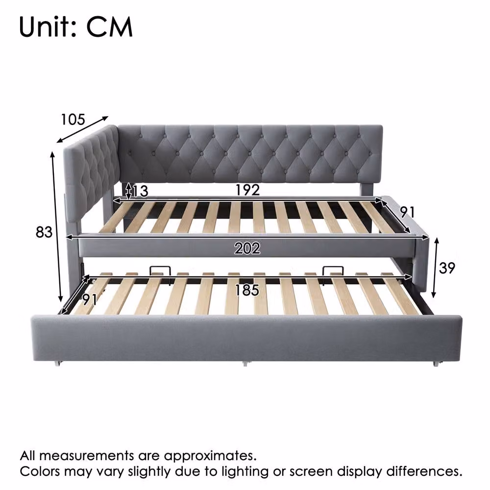 Matteo Grey Velvet Upholstered Daybed with Pull-Out Trundle, W: 90 cm, L: 190 cm – 2