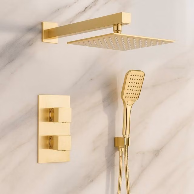 Bathroom Kingdom Avon Brushed Brass Square Thermostatic Shower with 250mm Head and Hand Shower in Gold