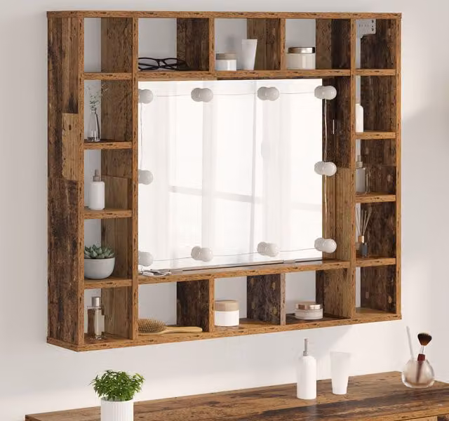 Berkfield Home Wall-mounted Mirror Cabinet with LED Strip Lights and Internal Shelves in Brown Old Wood – 1