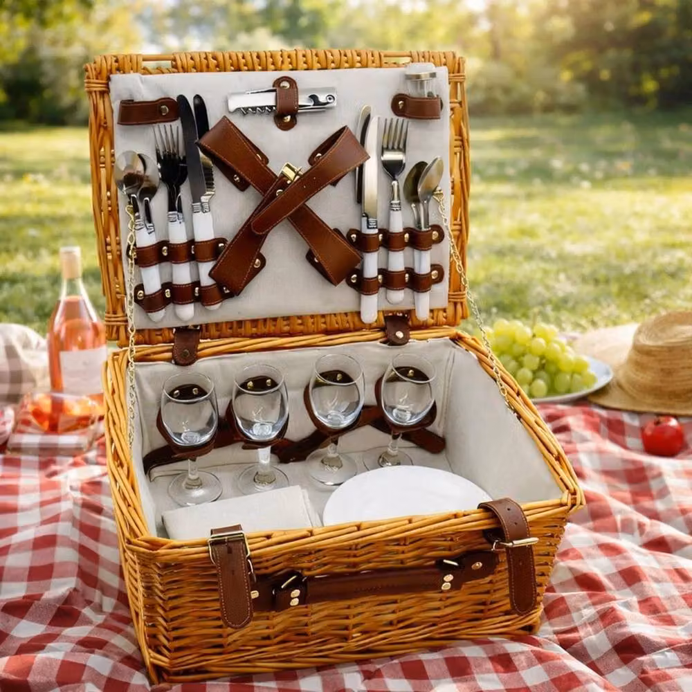 SPETLEK Luxury Picnic Hamper Set with Wicker Basket and Wine Cutlery for 4 People in Brown – 5