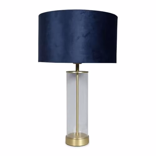 ValueLights Balan Glass and Gold Metal Table Lamp with Blue Fabric Cylinder Shade and LED Bulb