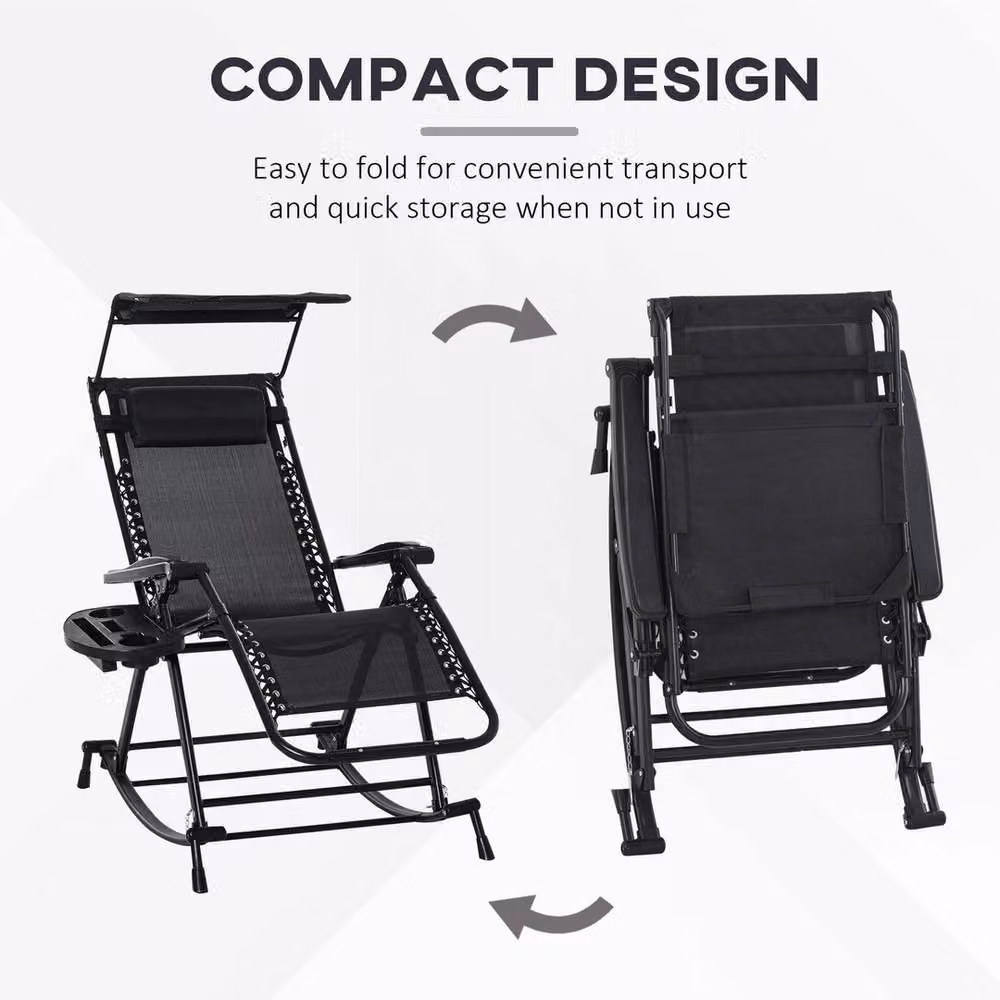 EONLION Black Folding Recliner Outdoor Lounge Chair with Sun Canopy and Adjustable Headrest – 5