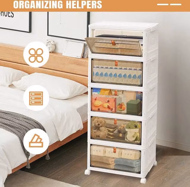 EONLION 5 Tier Large Folding and Stackable Storage Box in White, W/D/H: 50 x 50 x 50 cm
