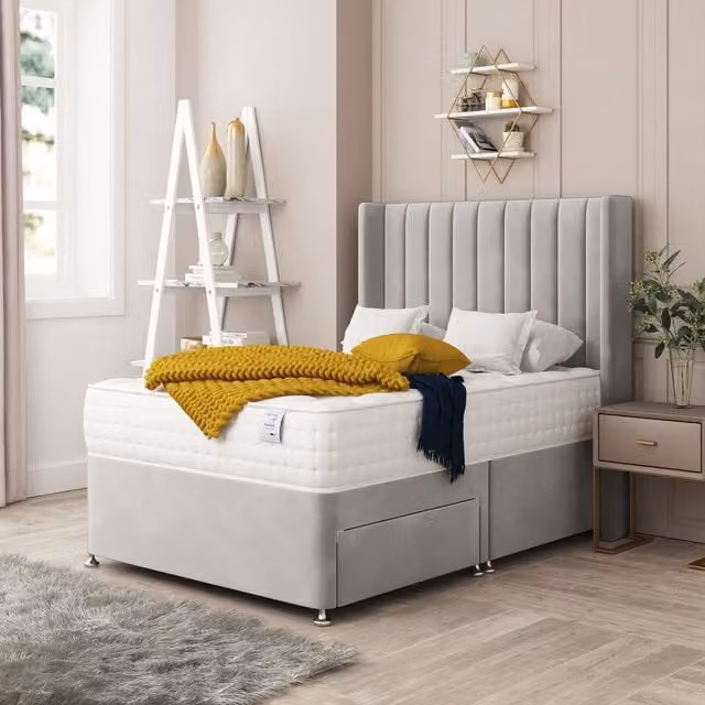 Bed Choices Regent Silver Velvet Upholstered Super King Divan Bed with 2 Drawers, Mattress and Headboard, W/D/H: 200 x 183 x 180 cm – 1