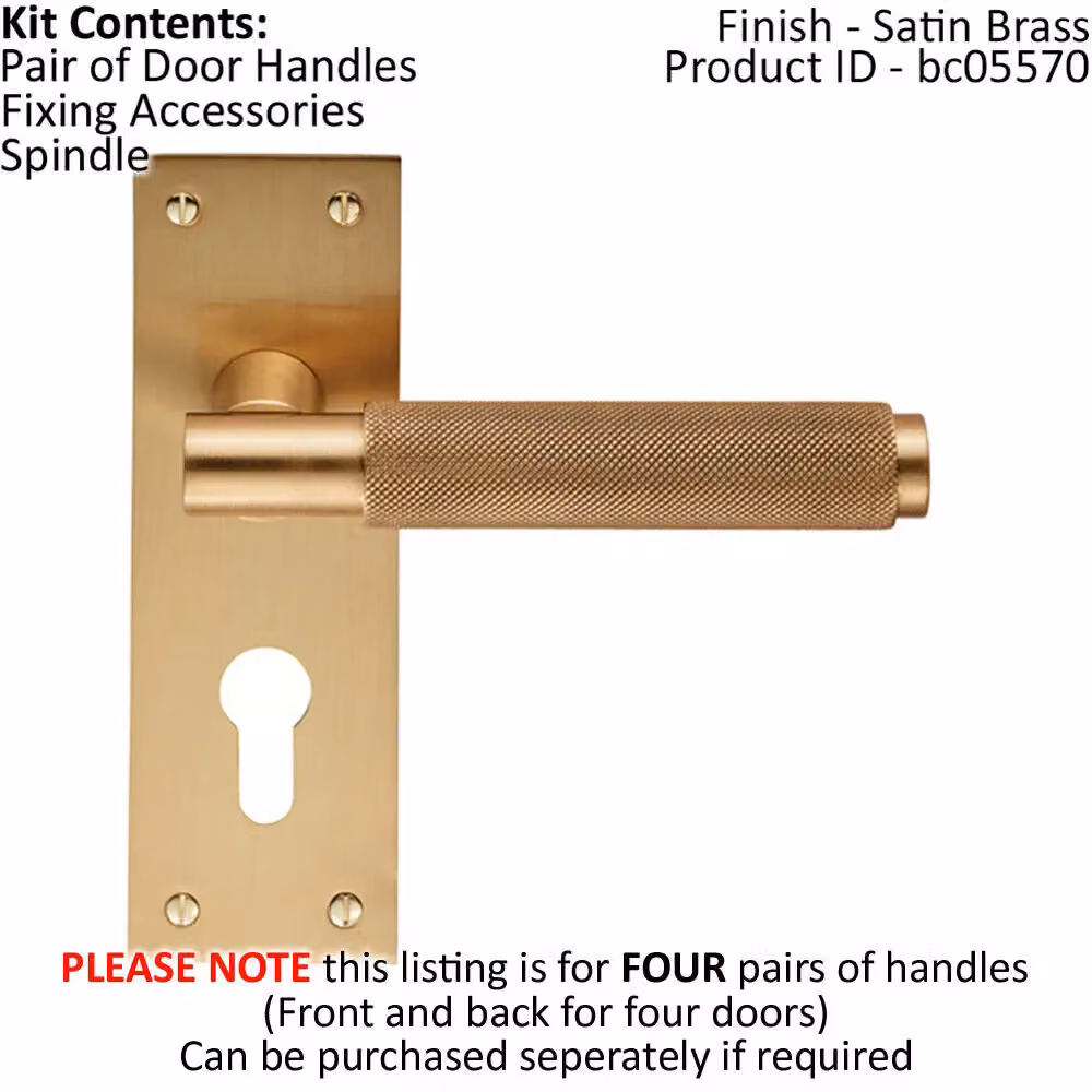 Loops 4x Pair Knurled Round Handles on Slim Euro Lock Backplate, Satin Brass, W: 150 mm x H: 50 mm – 2