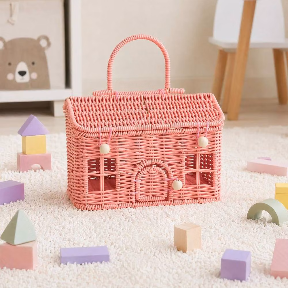 FLAVORA Pink House-Shaped Rattan Wicker Basket with Handles, W: 100 cm, D: 17 cm, H: 14 cm – 3