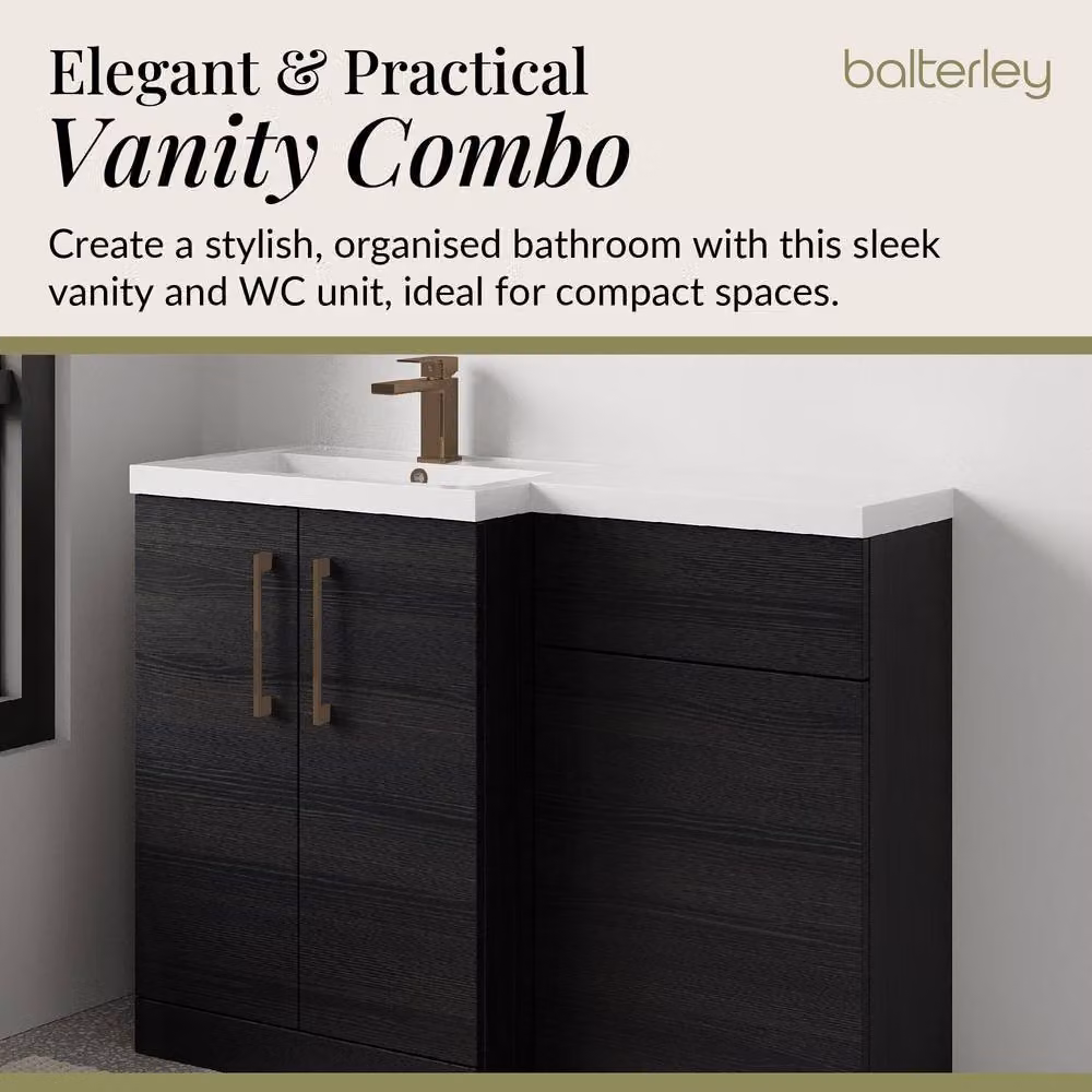 Balterley Modern Matt Black Woodgrain Left-Hand Vanity and WC Unit Combination, W: 110 cm, H: 84 cm – 3