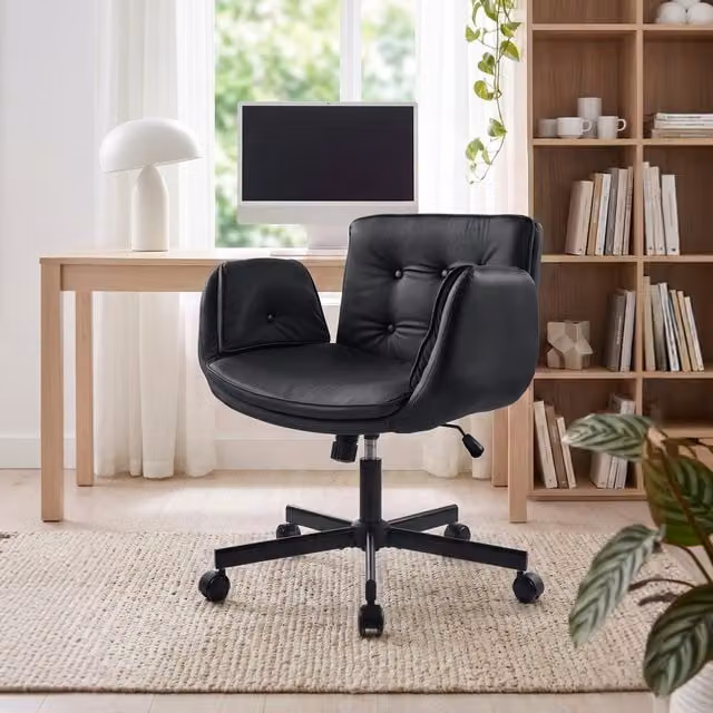 Livingandhome Modern Black Synthetic Leather Height Adjustable Task Chair with Armrests and Castors for Home Office