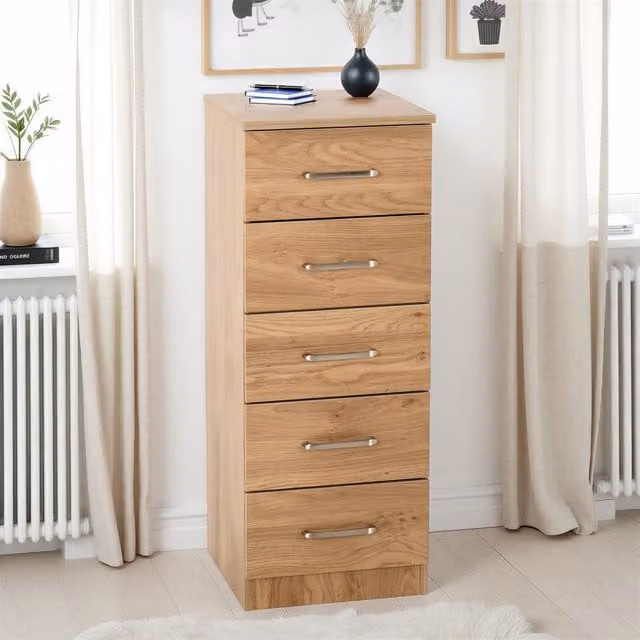 Seconique Dakota 5 Drawer Narrow Chest in Oak Effect Brown