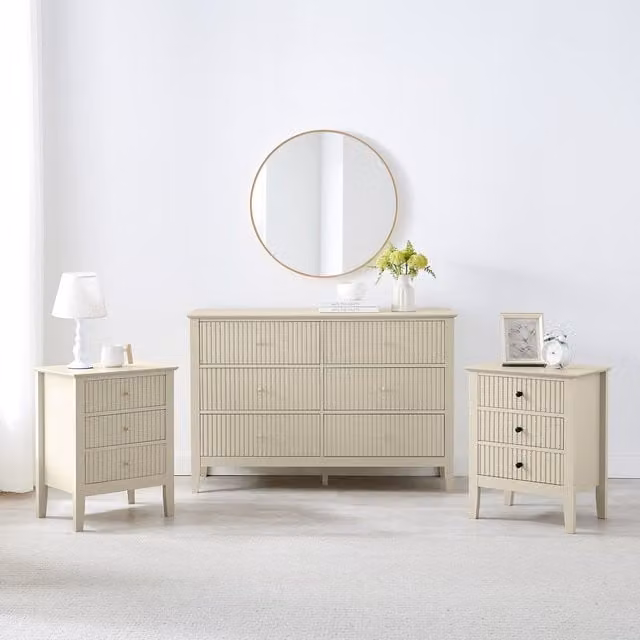 Melody Maison Hales Taupe Large Chest of Drawers and Pair of Bedside Tables in Beige