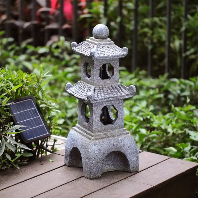 Livingandhome Grey Oriental Resin Tabletop LED Cascade Water Feature with Ancient Chinese Pagoda Design