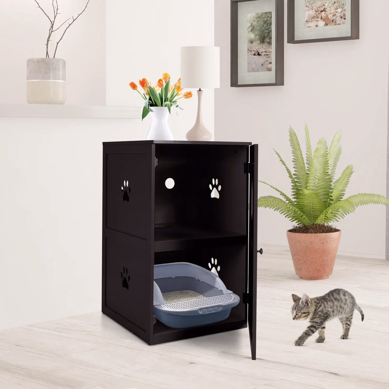 Costway 2-Tier Cat House and Litter Box Enclosure with Side Storage Cabinet, Brown – 4