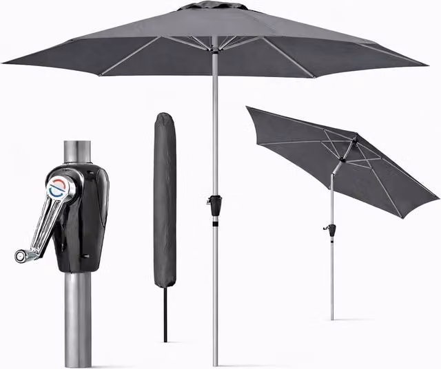 Glamhaus Dark Grey Aluminium Garden Parasol with Tilting Crank Mechanism, Diameter: 270 cm