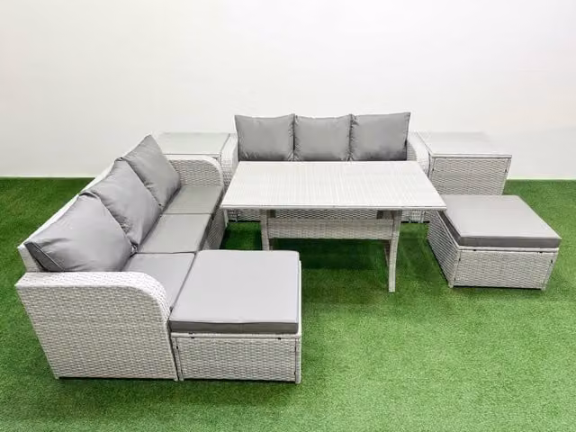 Fimous 8 Seater Grey Wicker Rattan Garden Furniture Set with Rectangular Dining Table, High Back Lounge Sofa and 2 Footstools