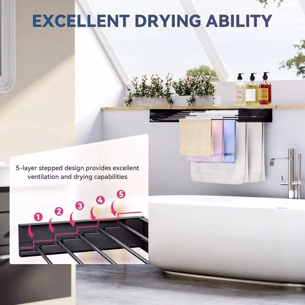 PAWNORA Wall Mounted Metal Laundry Drying Rack, Black, Width: 120 cm – 4