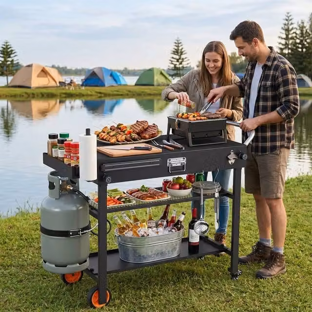 Costway 3-Tier Folding Metal Grill Cart with Wheels and Hooks in Black