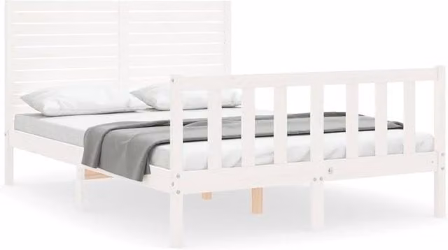 Berkfield Home Solid Wood Pine Bed Frame with Headboard in White, W/D/H: 140 x 190 cm