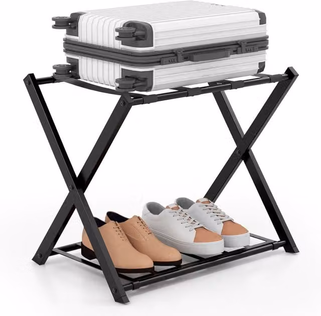 Gymax Folding Metal Luggage Rack Holder with Shelf and Belts in Black