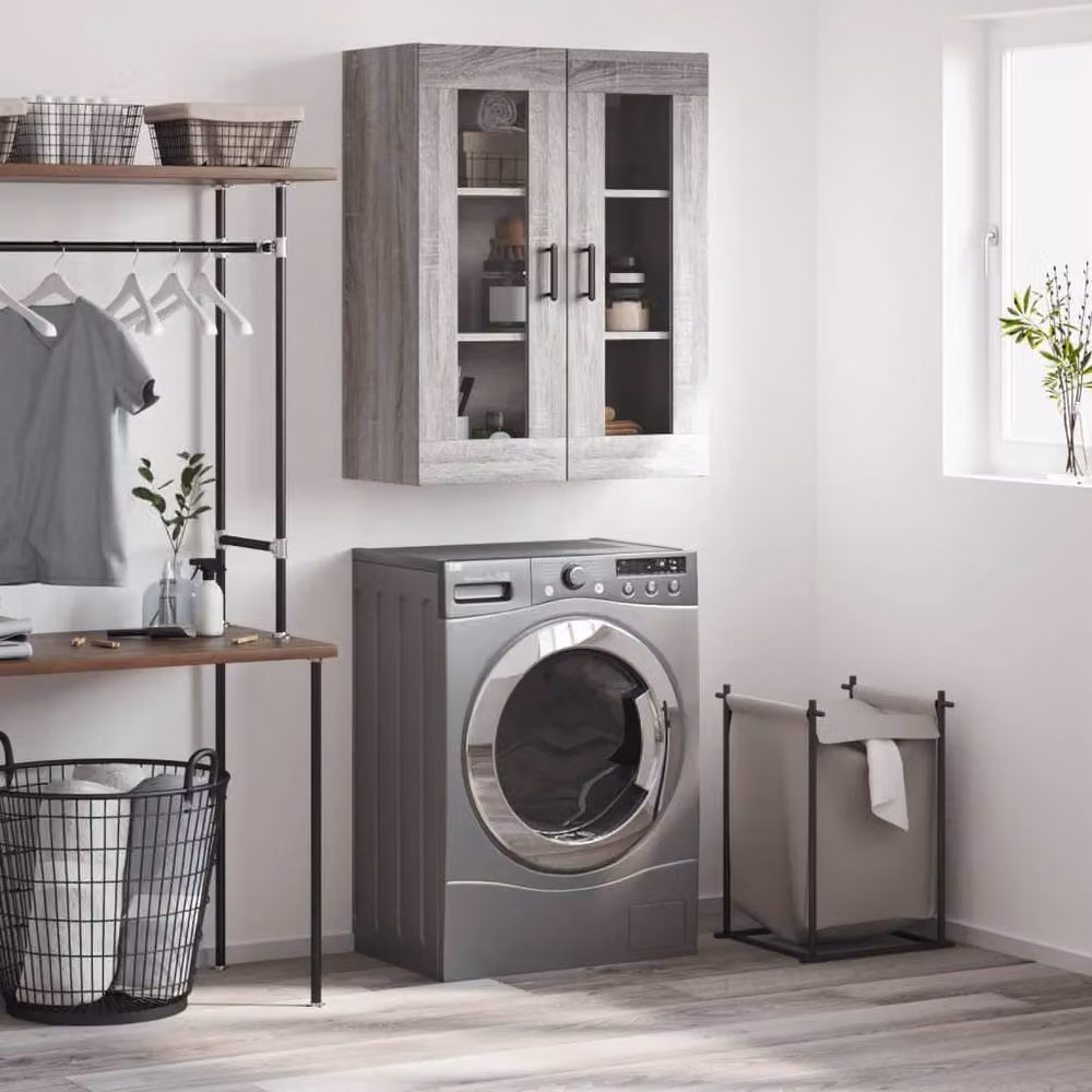 Berkfield Home Wall Mounted Cabinet in Grey Sonoma with Glass Doors, W/D/H: 69.5 x 34 x 90 cm – 1